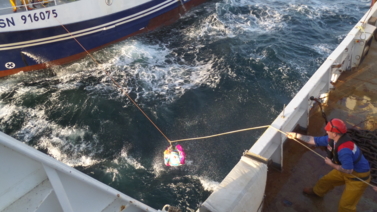 Passage d'échantillon de poissons entre le navire professionnel et la Thalassa